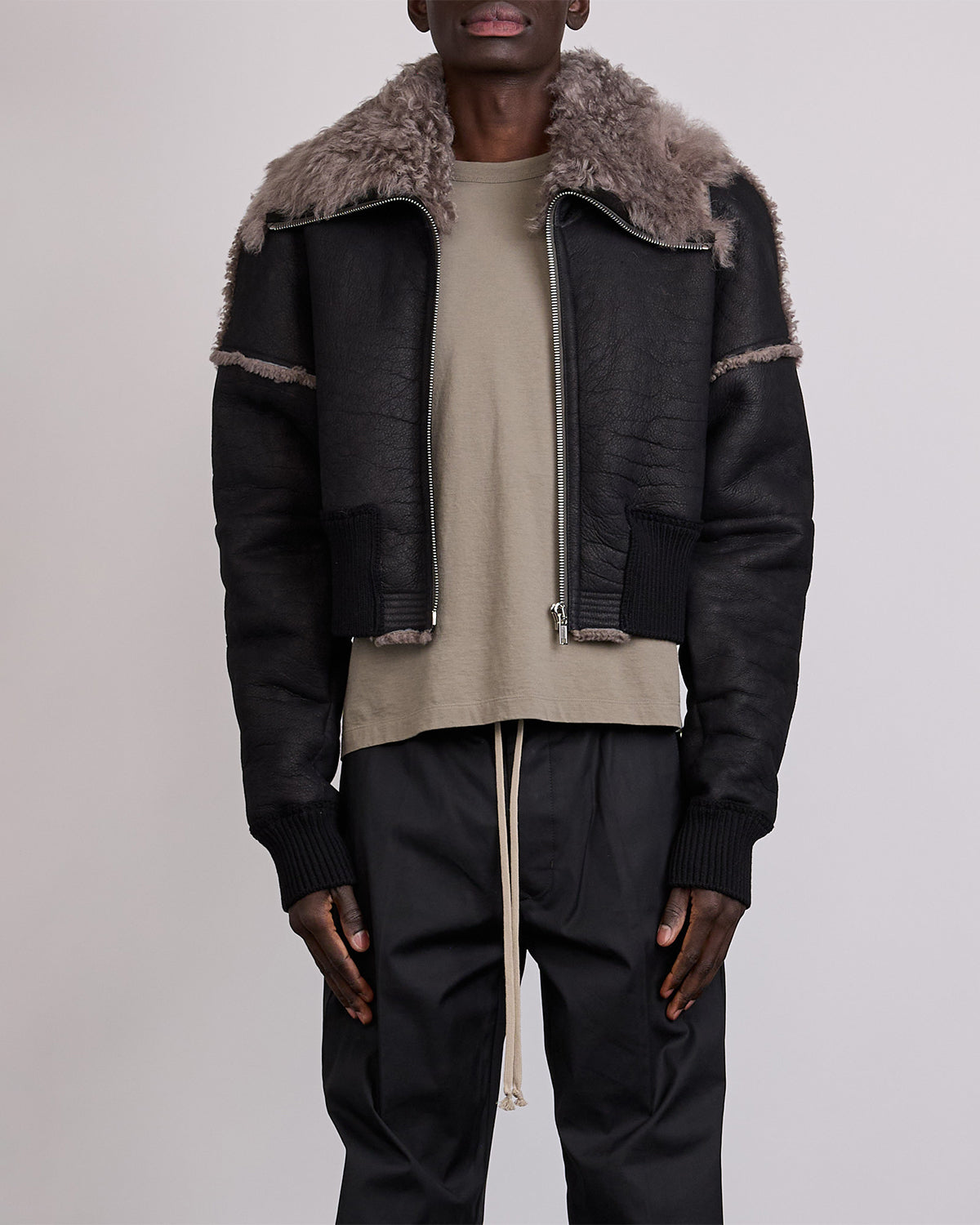 Rick Owens Bomber Flight Cropped Jacket Shearling Black Dust – LESS 17