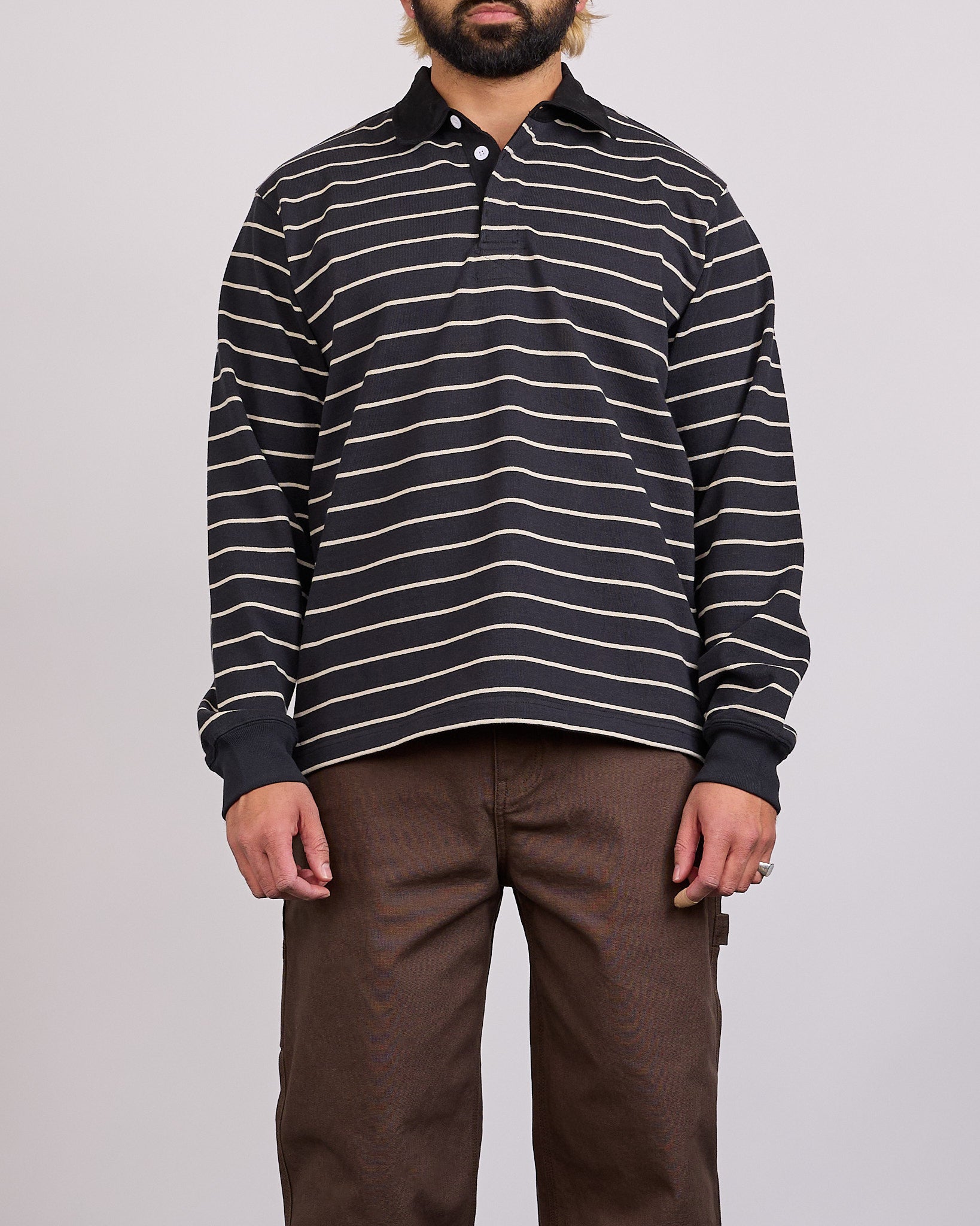 StussyPinStripedRugbyShirtBlac