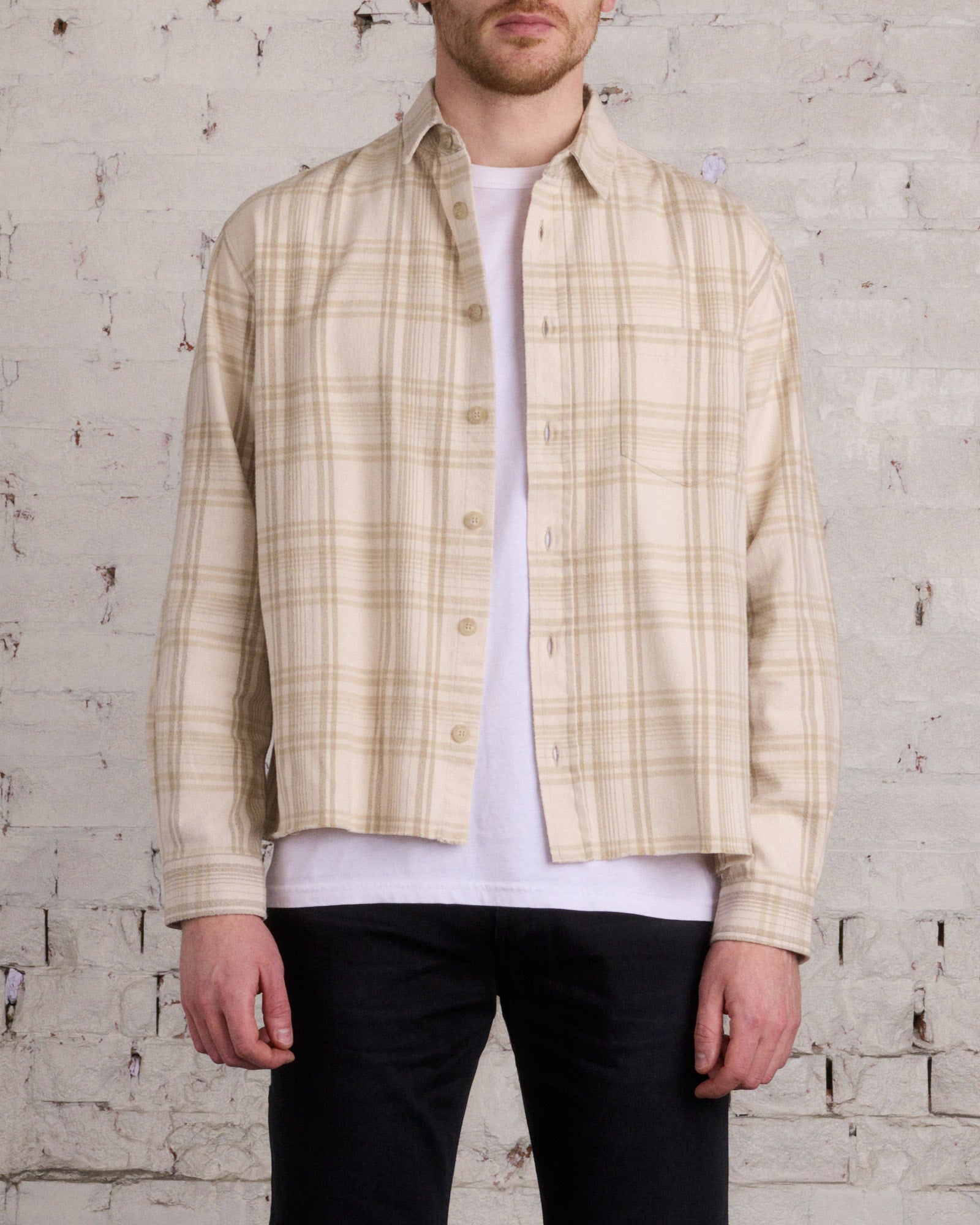 John Elliott Hemi Oversized Long Sleeve Button Shirt Wheat Check