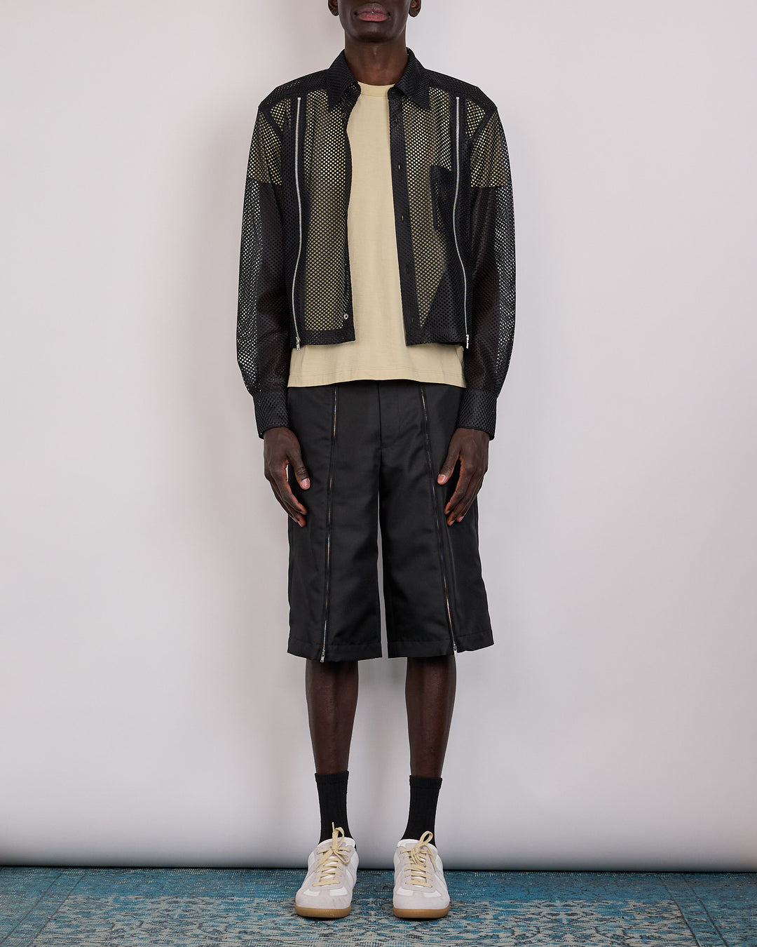CDG Homme Plus Mesh Zip Cropped Button Shirt Black