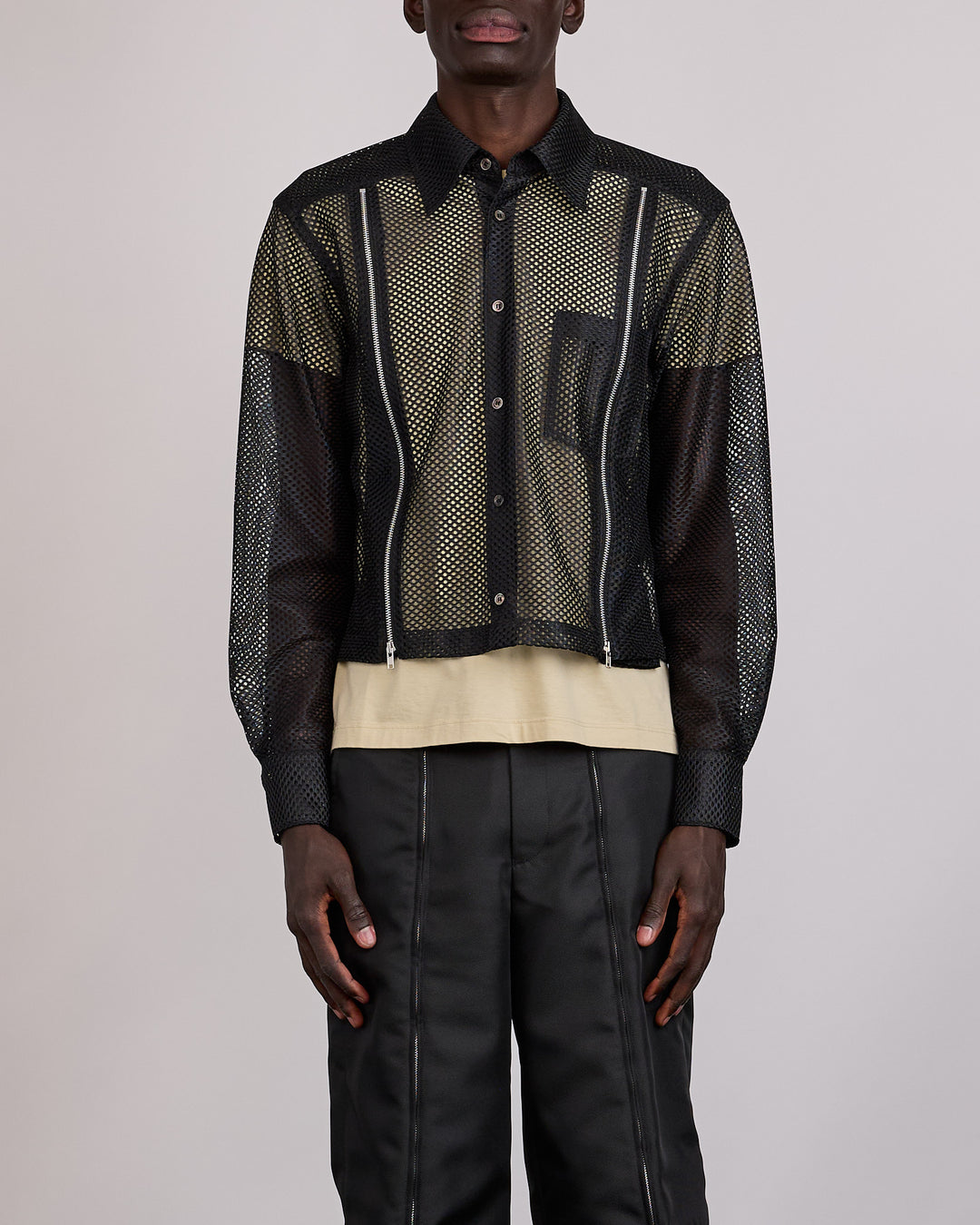 CDG Homme Plus Mesh Zip Cropped Button Shirt Black