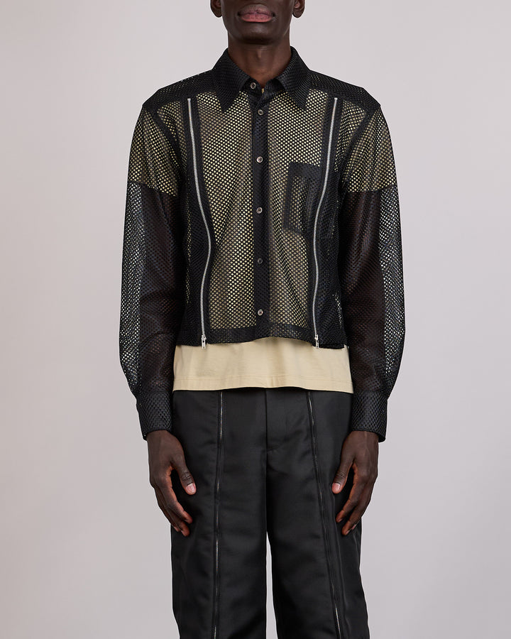 CDG Homme Plus Mesh Zip Cropped Button Shirt Black
