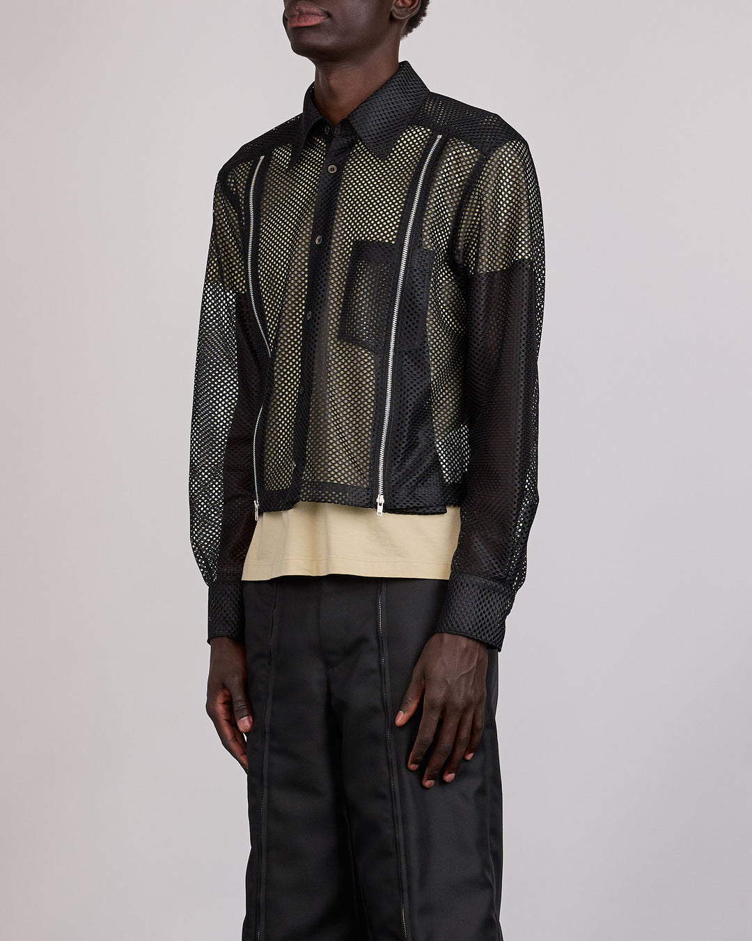 CDG Homme Plus Mesh Zip Cropped Button Shirt Black