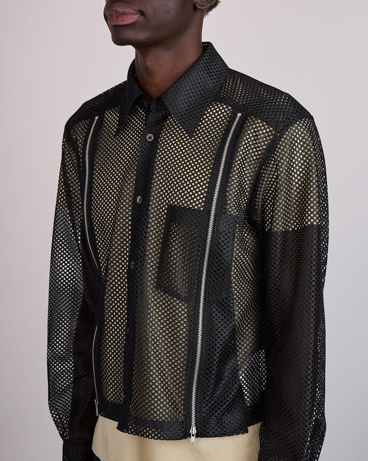 CDG Homme Plus Mesh Zip Cropped Button Shirt Black