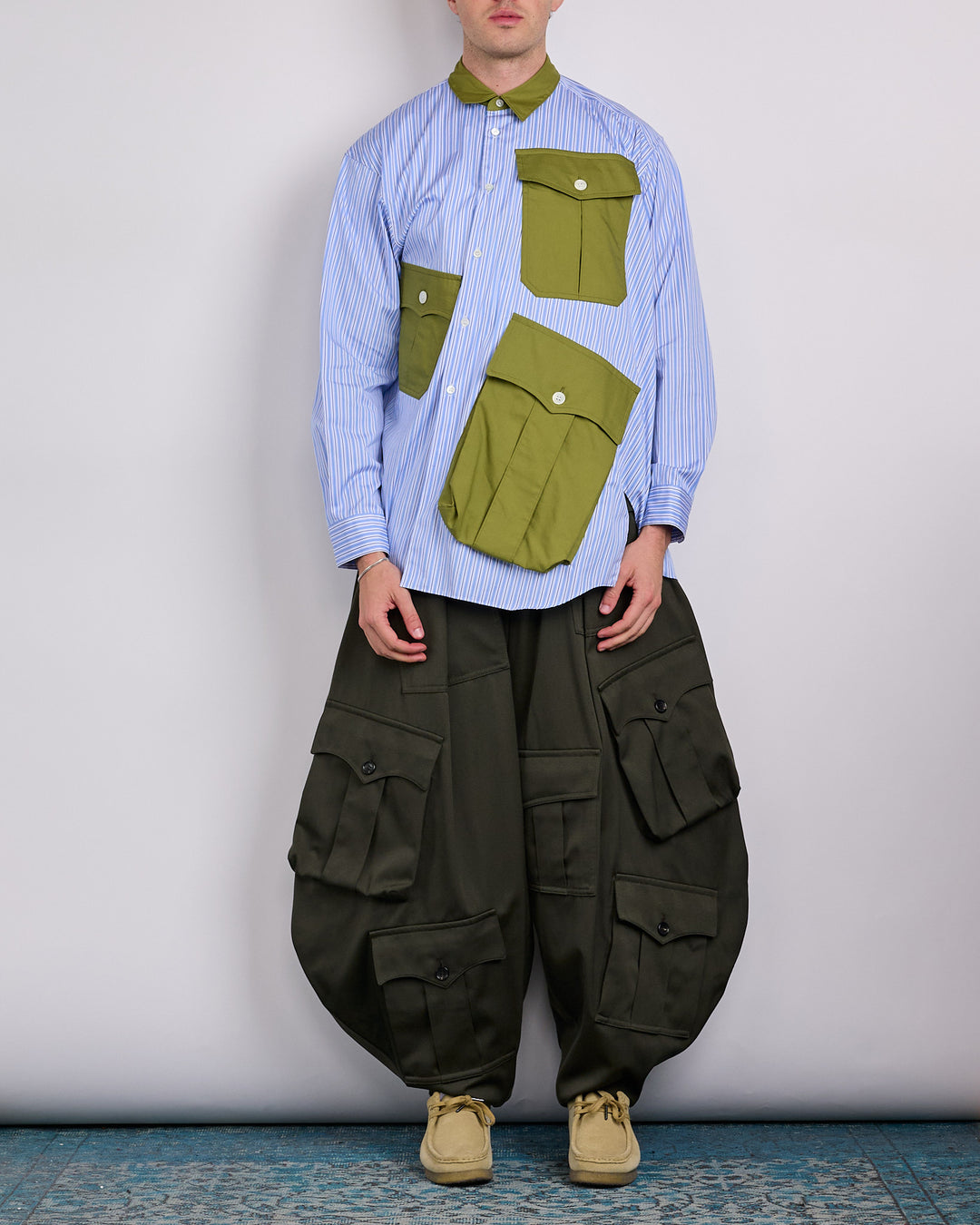 COMME des GARÇONS HOMME Plus Cotton Broadstripe Cargo Button Shirt Sax