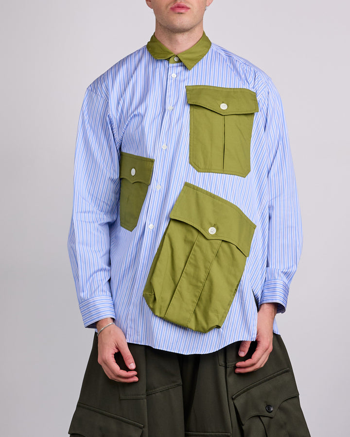 COMME des GARÇONS HOMME Plus Cotton Broadstripe Cargo Button Shirt Sax