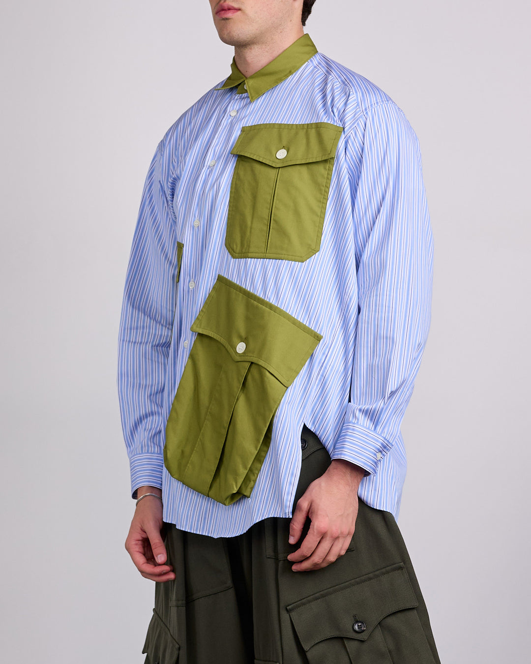 COMME des GARÇONS HOMME Plus Cotton Broadstripe Cargo Button Shirt Sax