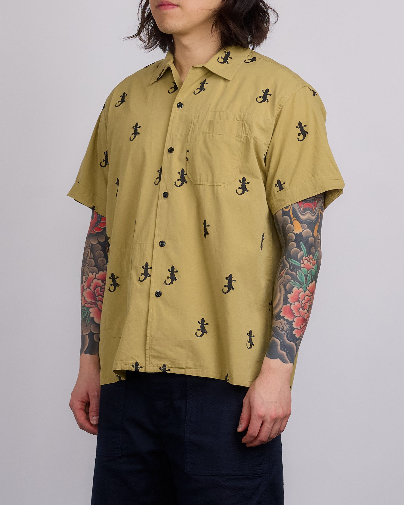 Engineered Garments Camp Button Shirt Gecko Embroidery Khaki – LESS 17