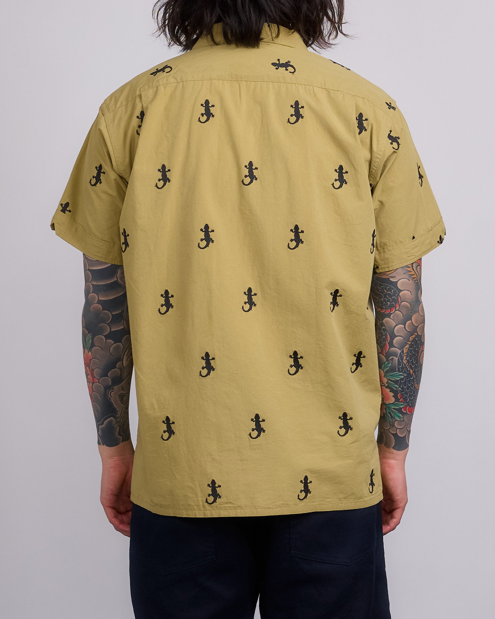 Engineered Garments Camp Button Shirt Gecko Embroidery Khaki – LESS 17