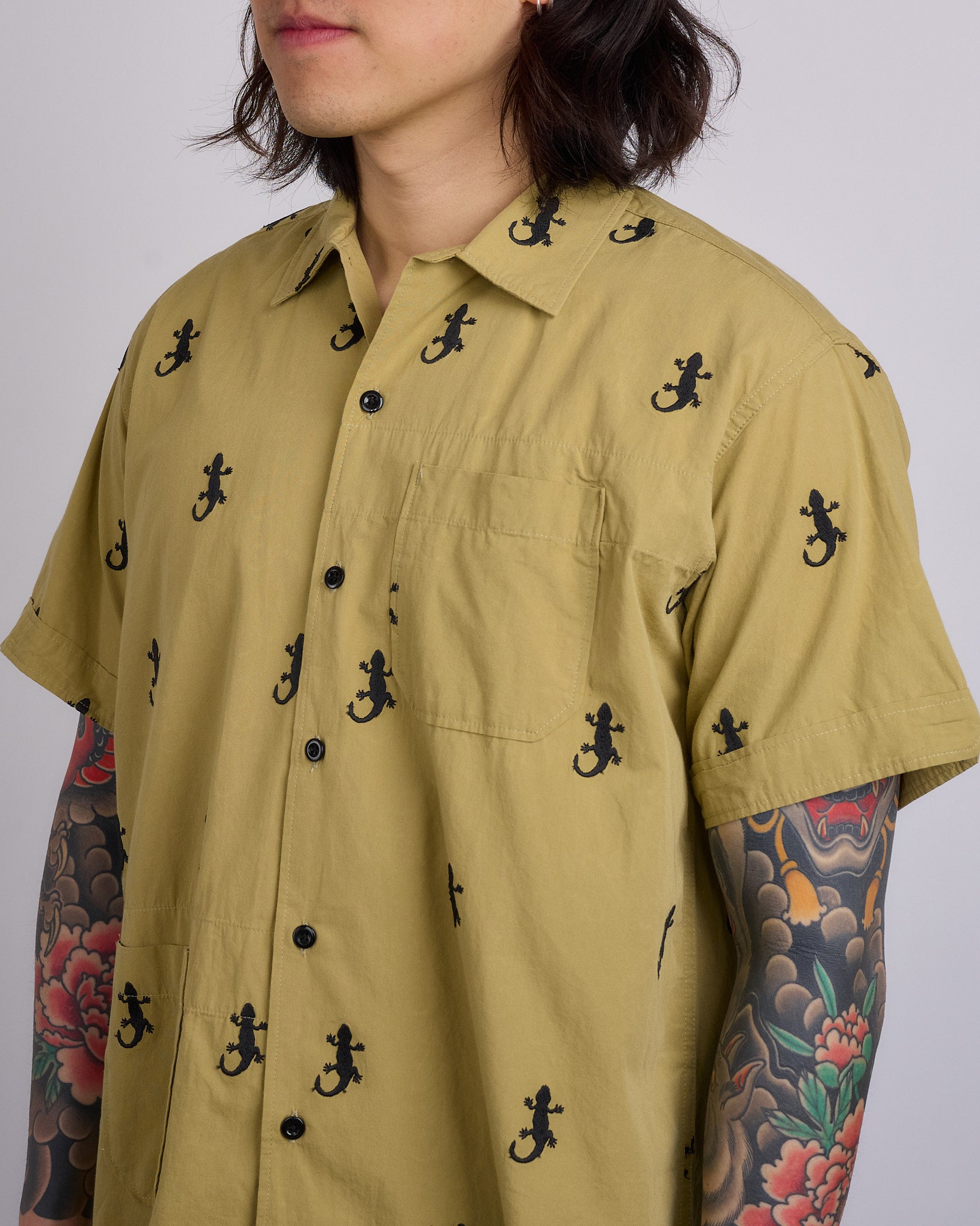 Engineered Garments Camp Button Shirt Gecko Embroidery Khaki – LESS 17