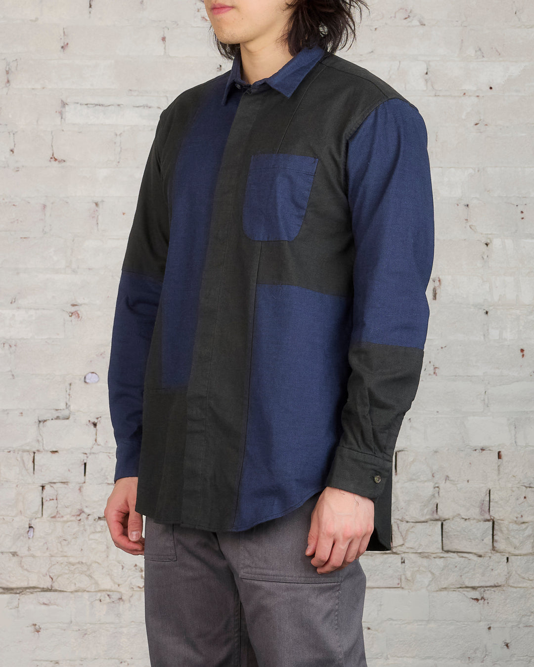 Engineered Garments Combo Short Collar Shirt Navy Cotton Oxford
