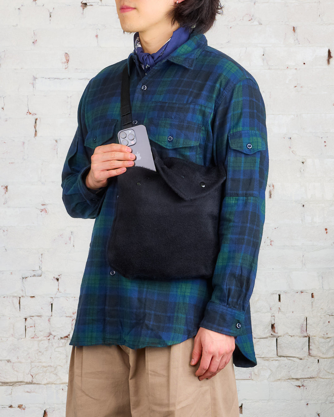 Engineered Garments Shoulder Pouch Black Poly Wool Shaggy
