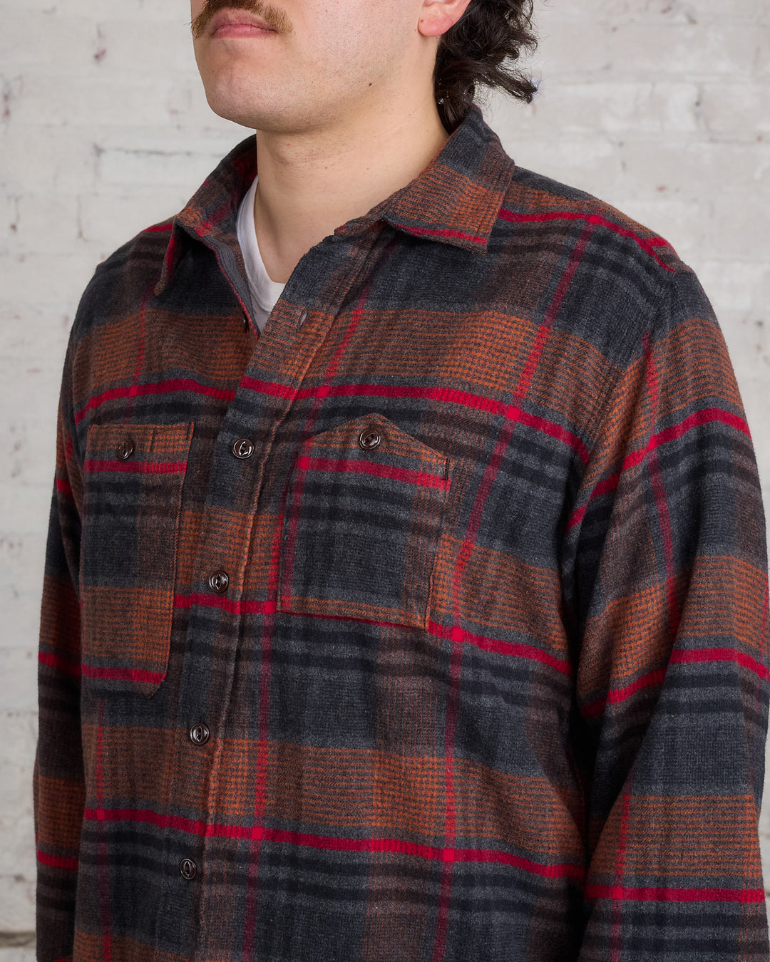 Engineered Garments Work Button Shirt Orange Red Plaid Flannel