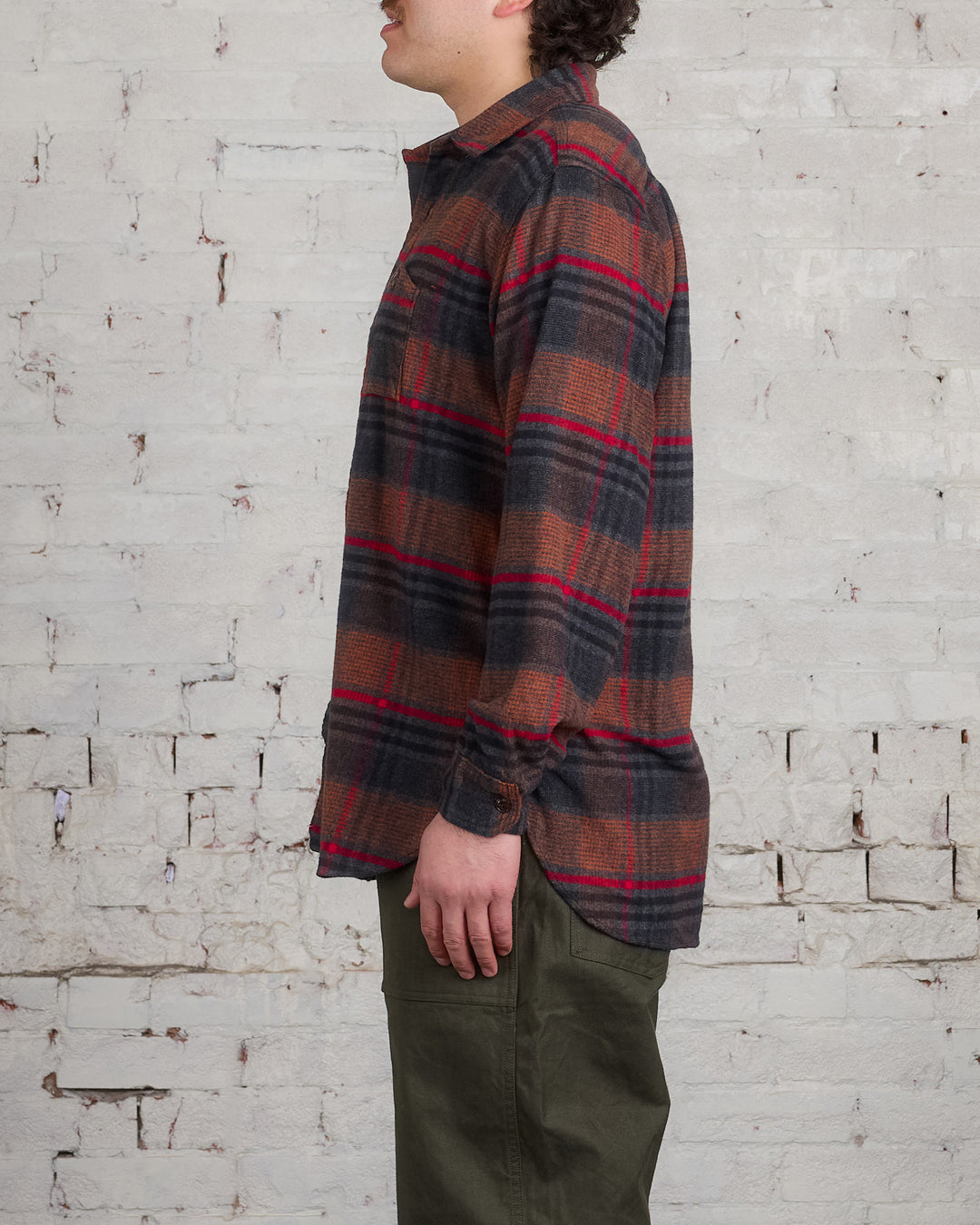 Engineered Garments Work Button Shirt Orange Red Plaid Flannel