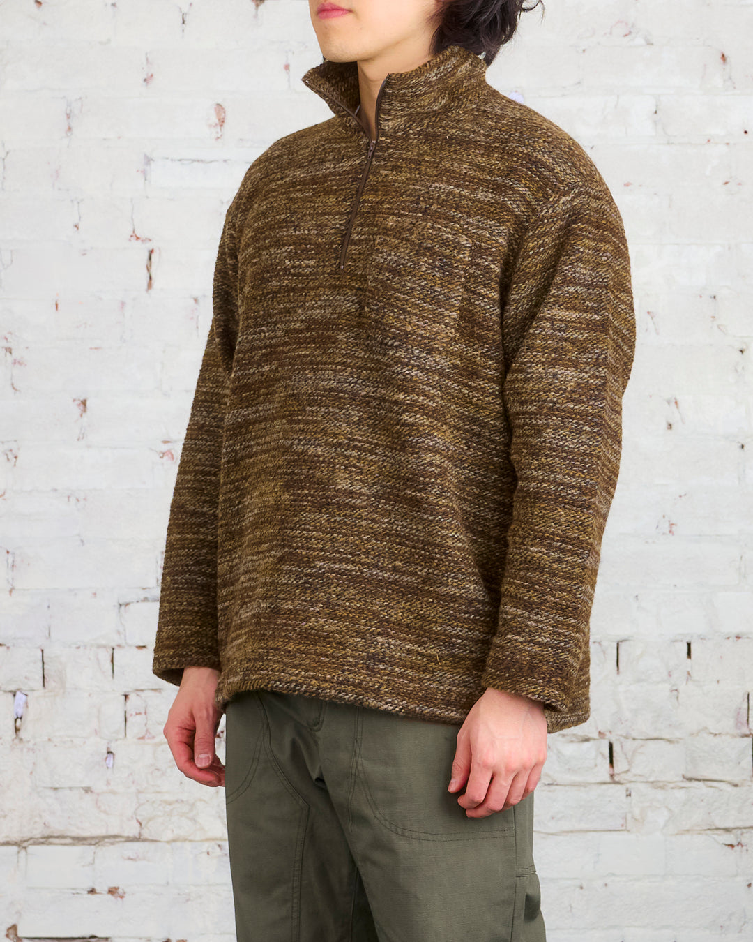 Engineered Garments Zip Mock Neck Sweater Brown Melange Knit