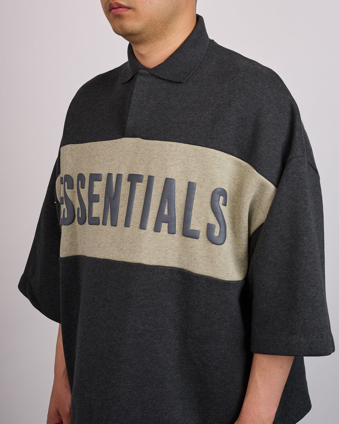Fear of God Essentials Panelled Cropped Polo Sweat  Iron Grey Heather Seal Heather
