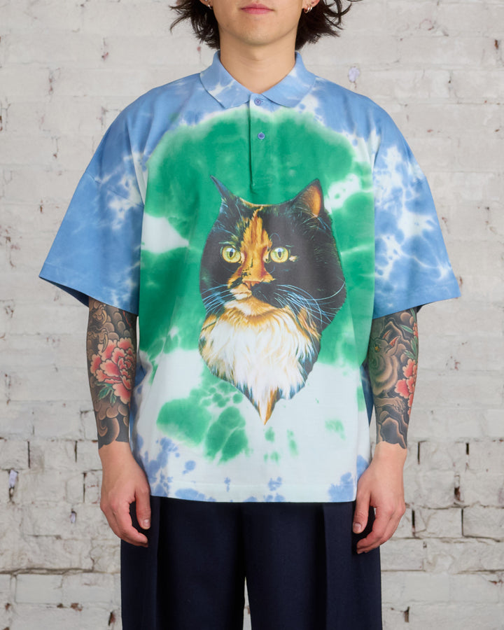 JW Anderson Cat Print Tie-Dye Polo Shirt Bright Blue