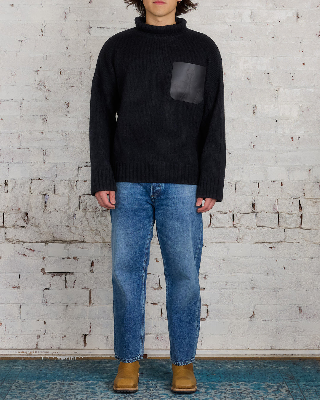 JW Anderson Leather Patch Pocket Turtleneck Sweater Black