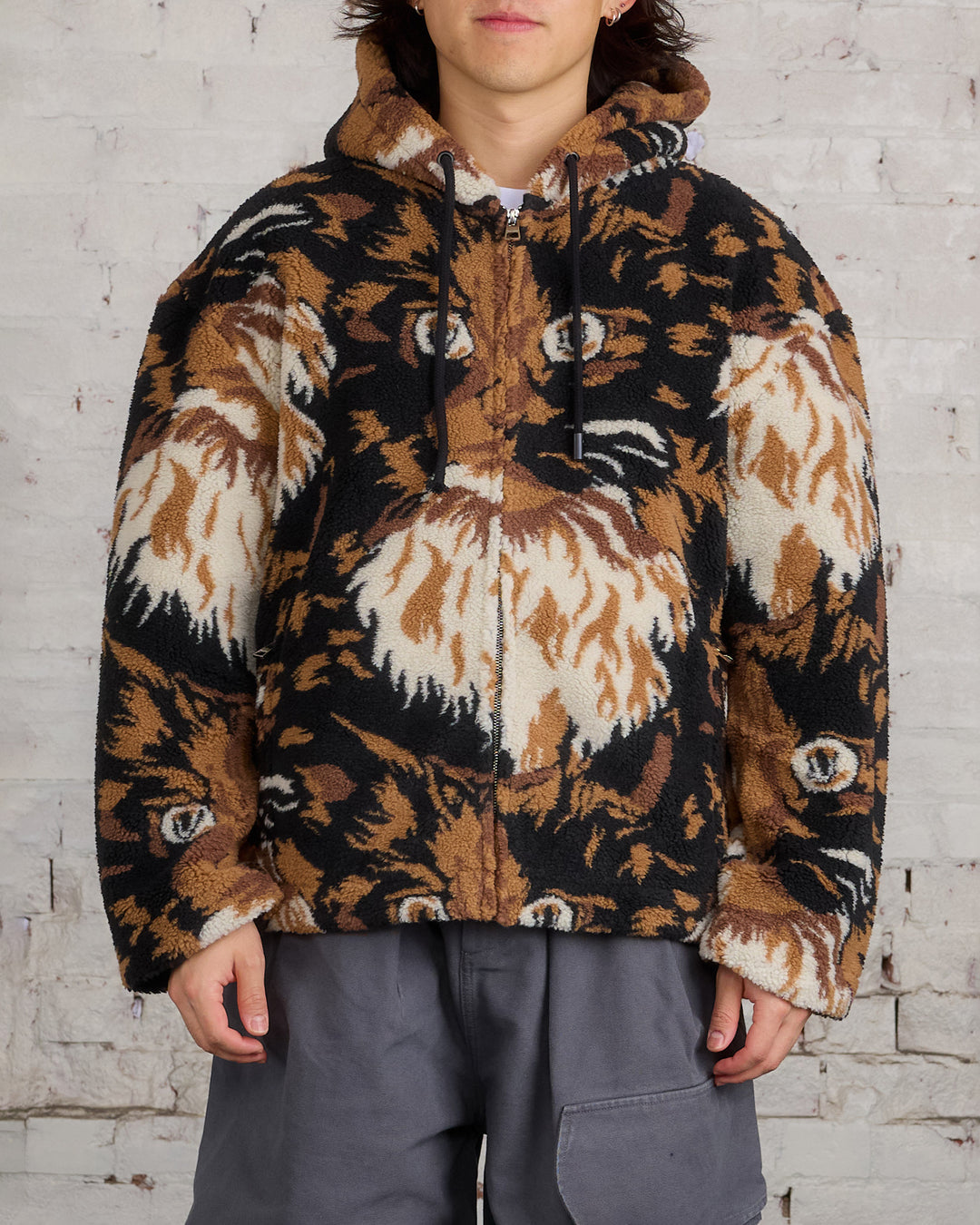 JW Anderson Zip Front Hooded Cat Fleece Jacket Brown