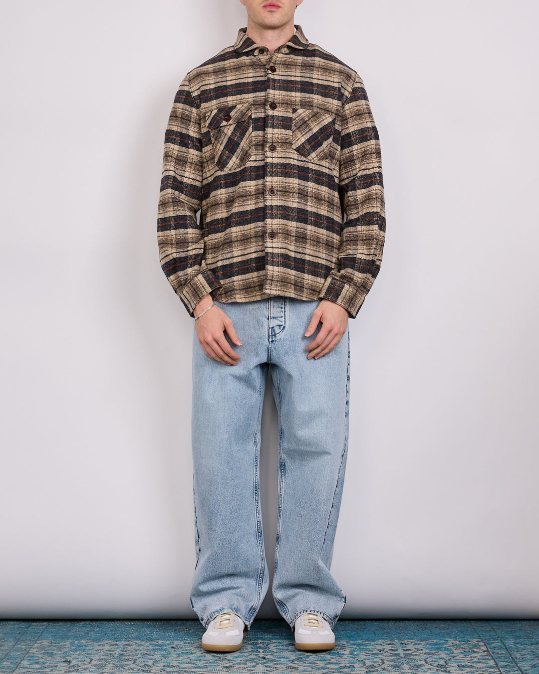 Junya Watanabe MAN Check Flannel Leather Button Shirt Beige