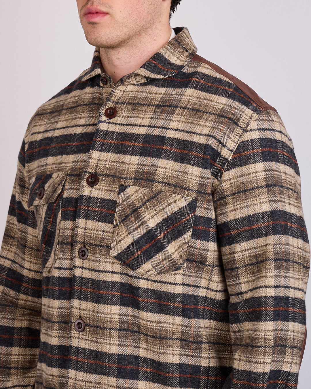 Junya Watanabe MAN Check Flannel Leather Button Shirt Beige