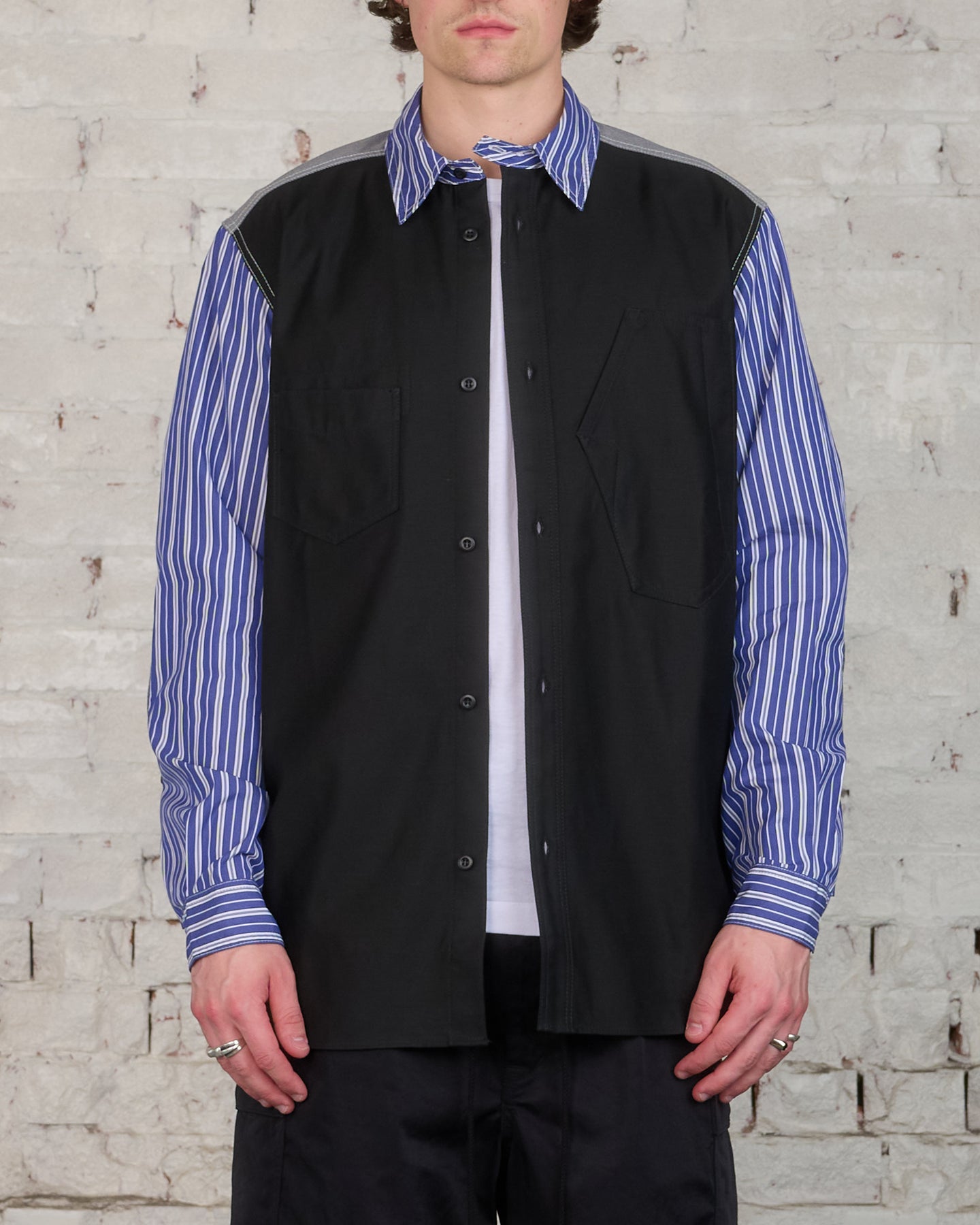 Junya Watanabe MAN Cotton Stripe/Satin Back Button Shirt Navy