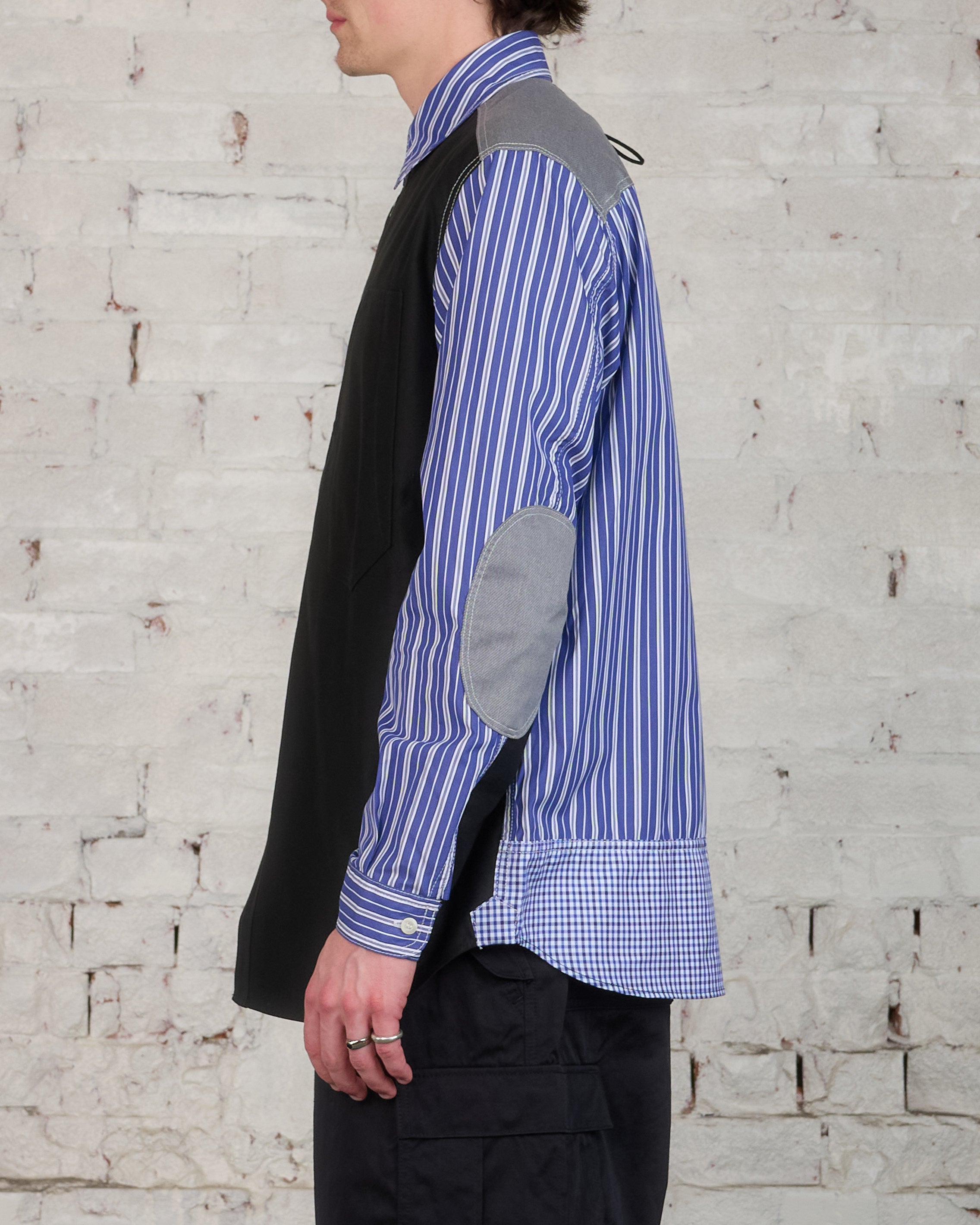 Junya Watanabe MAN Cotton Stripe/Satin Back Button Shirt Navy