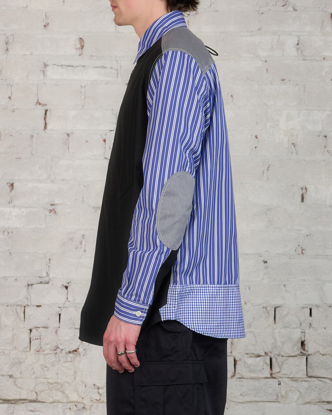 Junya Watanabe MAN Cotton Stripe/Satin Back Button Shirt Navy/White/Black