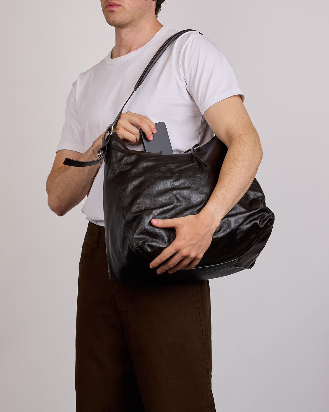 LEMAIRE Belted Hobo Paper Lux Leather Bag Dark Chocolate
