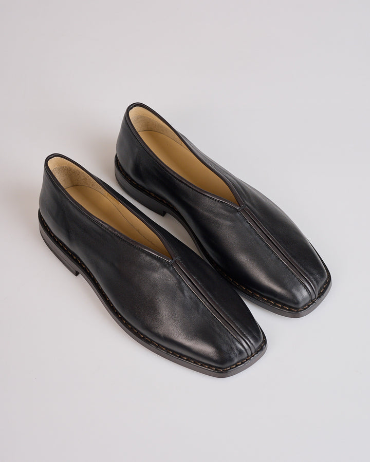 LEMAIRE Flat Piped Shiny Nappa Slipper Black Dark Chocolate