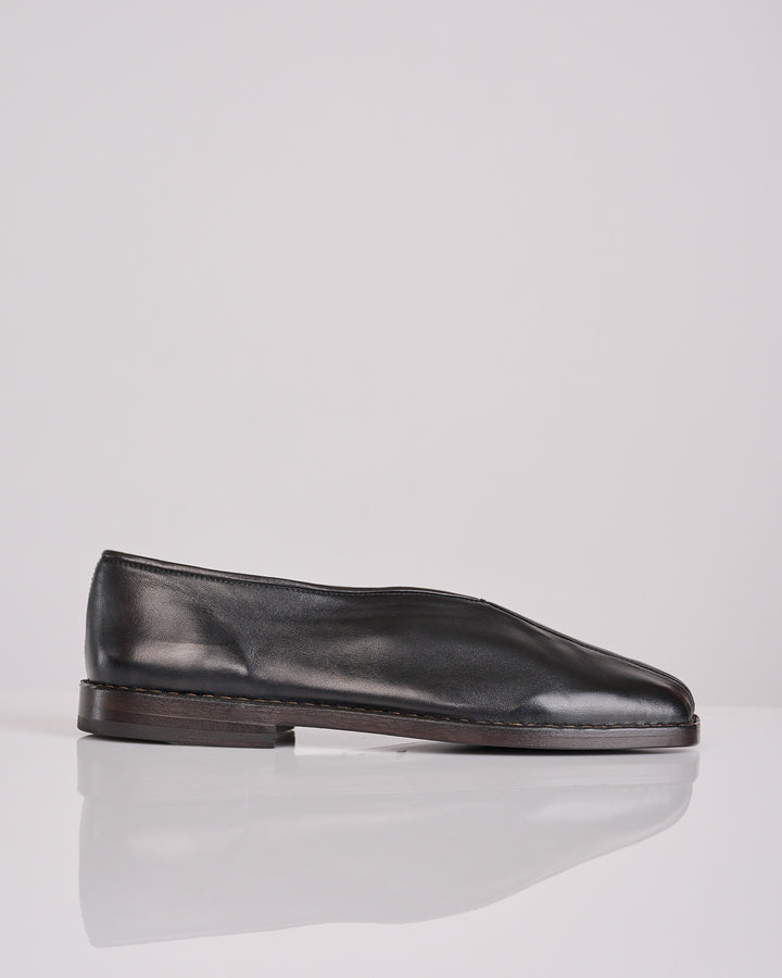 LEMAIRE Flat Piped Shiny Nappa Slipper Black Dark Chocolate