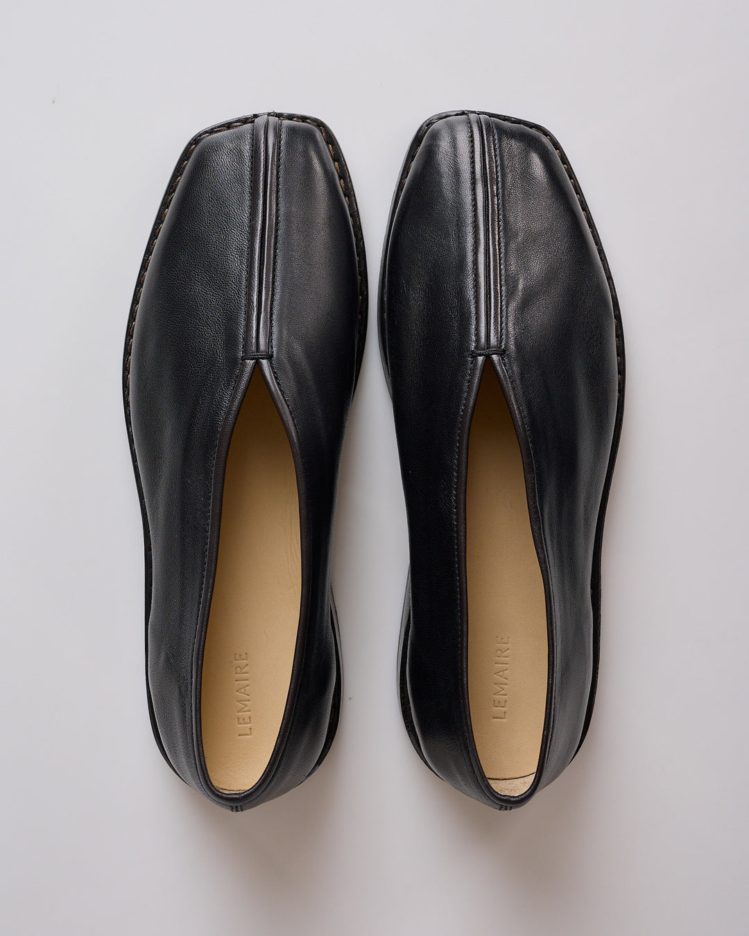 LEMAIRE Flat Piped Shiny Nappa Slipper Black Dark Chocolate