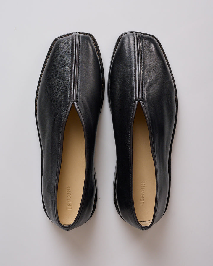 LEMAIRE Flat Piped Shiny Nappa Slipper Black Dark Chocolate