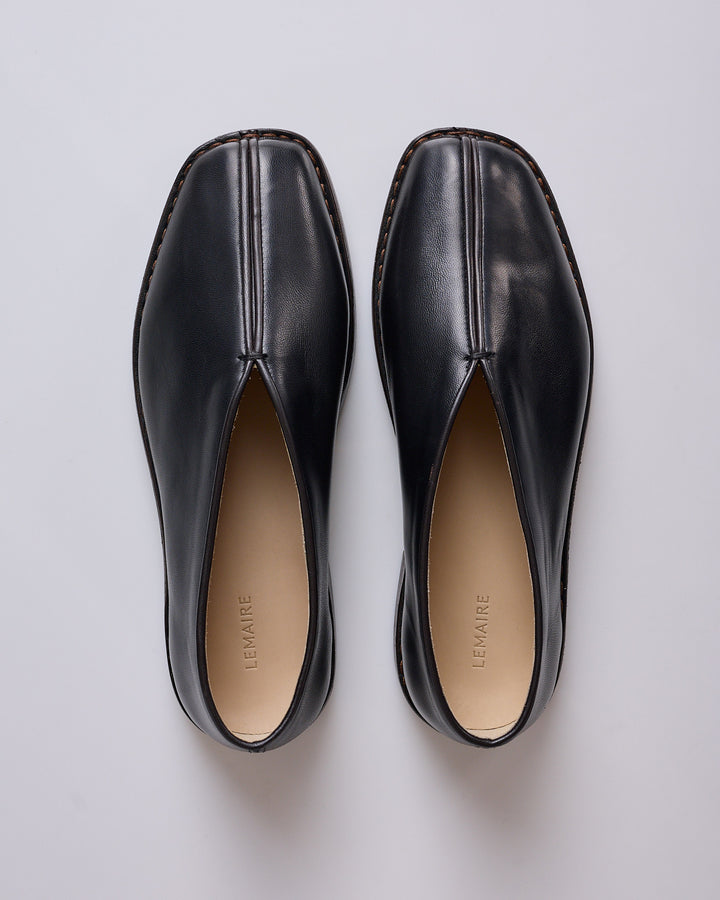 LEMAIRE Flat Piped Slippers Nappa Leather Black Dark Chocolate