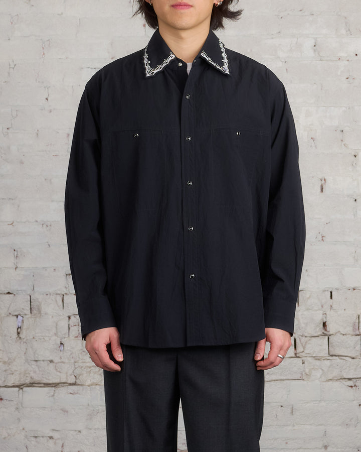 Lemaire Crepe Cotton Embroidered Collar Shirt Black