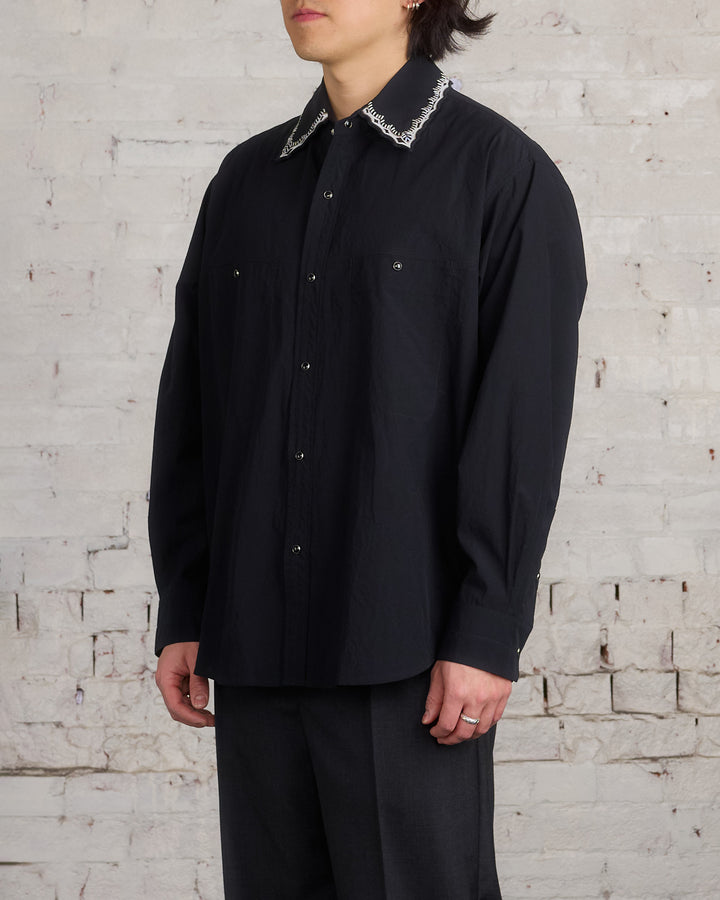 Lemaire Crepe Cotton Embroidered Collar Shirt Black