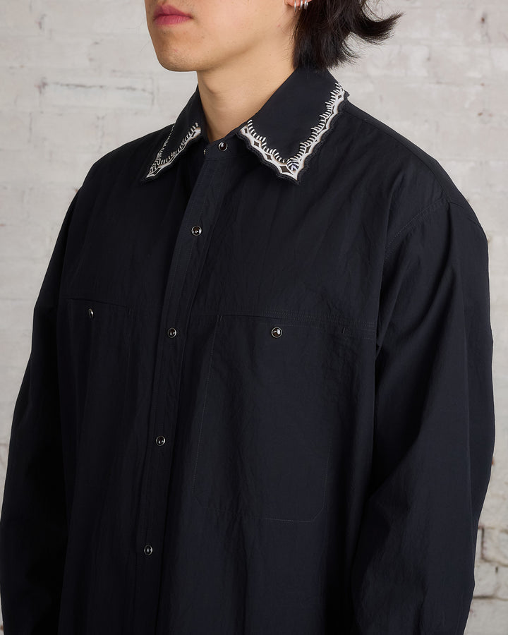 Lemaire Crepe Cotton Embroidered Collar Shirt Black