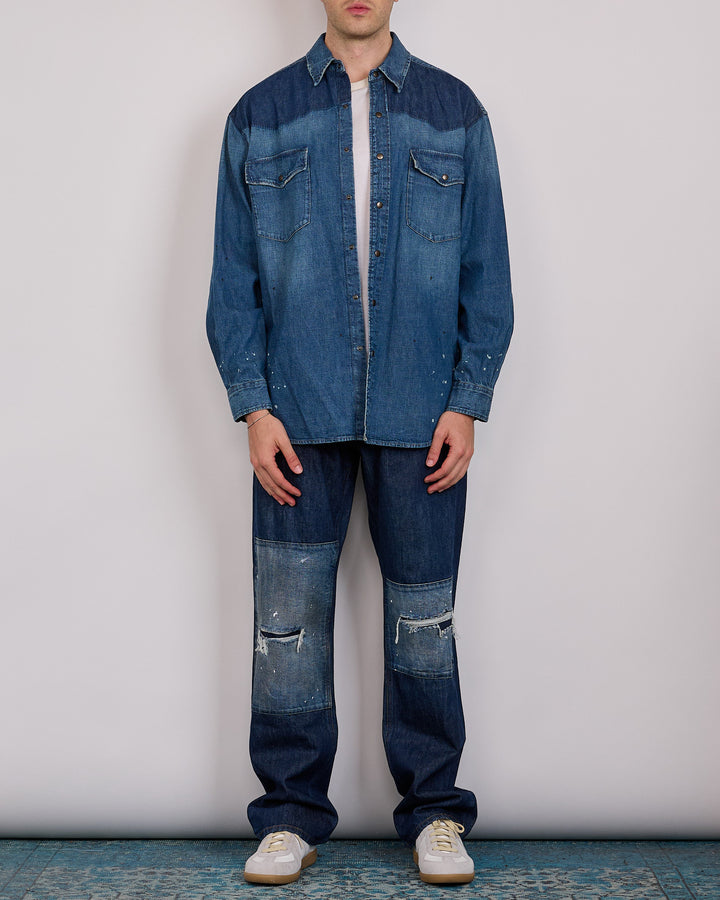 Maison Margiela Bicolour 8.5oz Japanese Denim Snap Shirt Old Blue + Spots