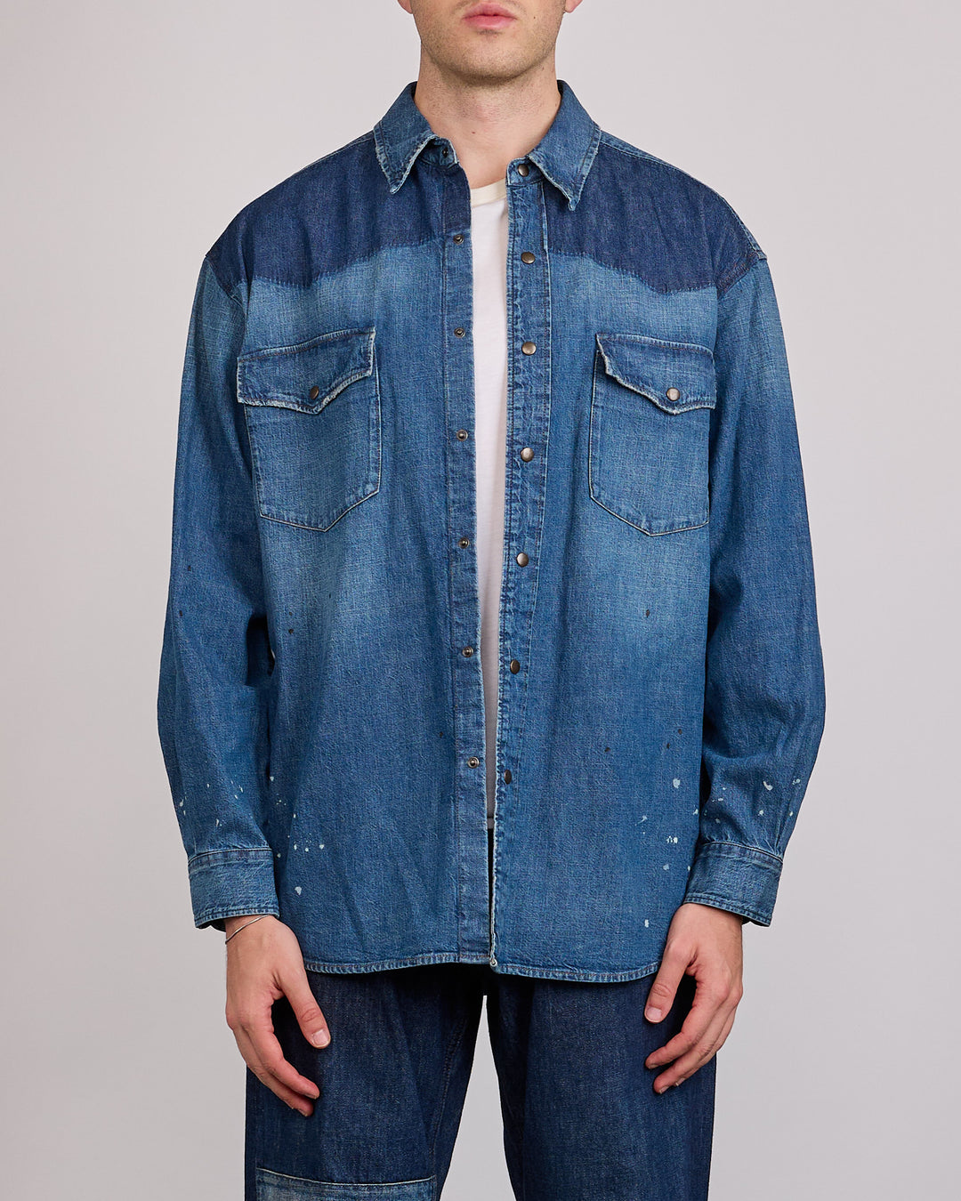 Maison Margiela Bicolour 8.5oz Japanese Denim Snap Shirt Old Blue + Spots