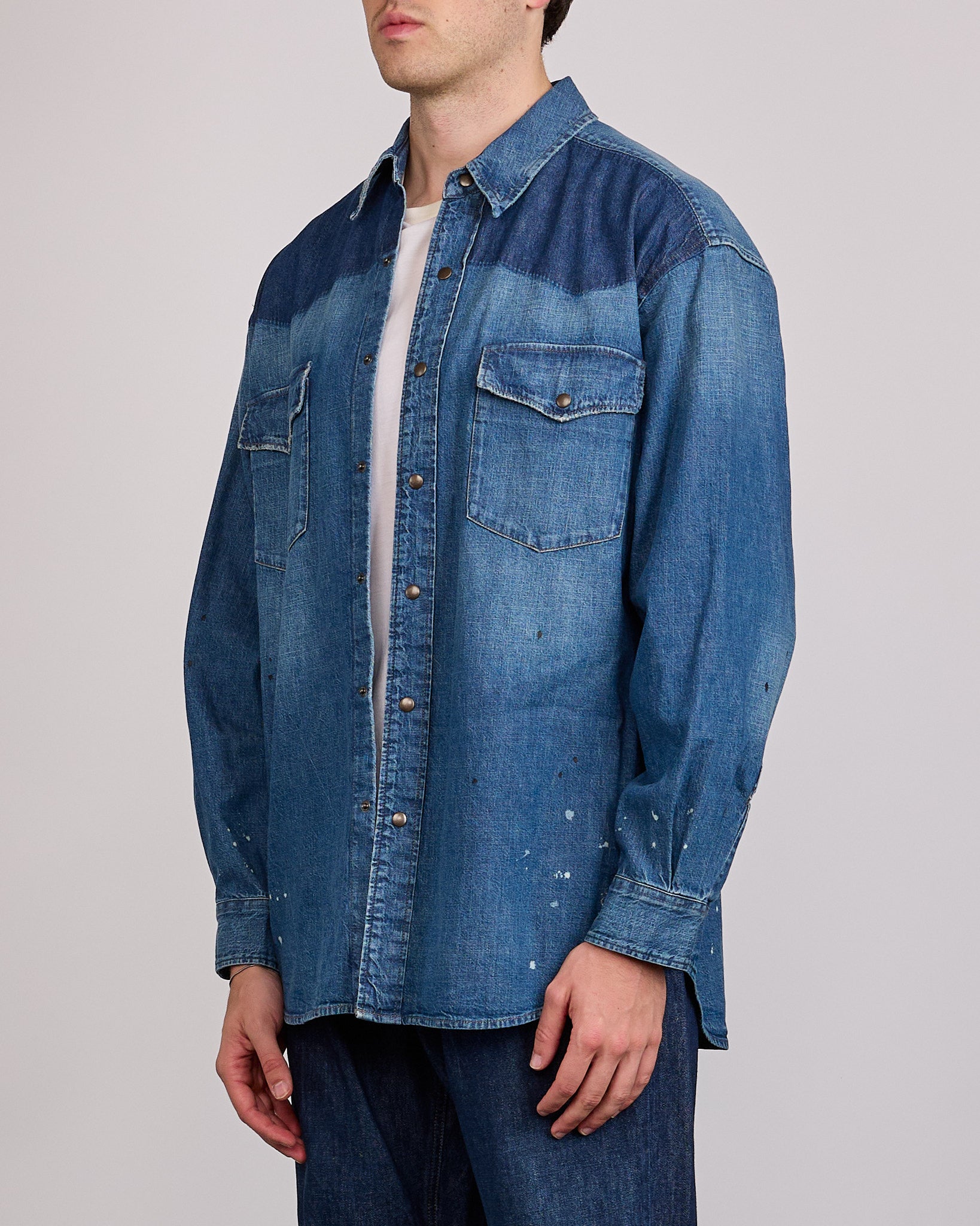 Maison Margiela Bicolour 8.5oz Japanese Denim Snap Shirt Old Blue