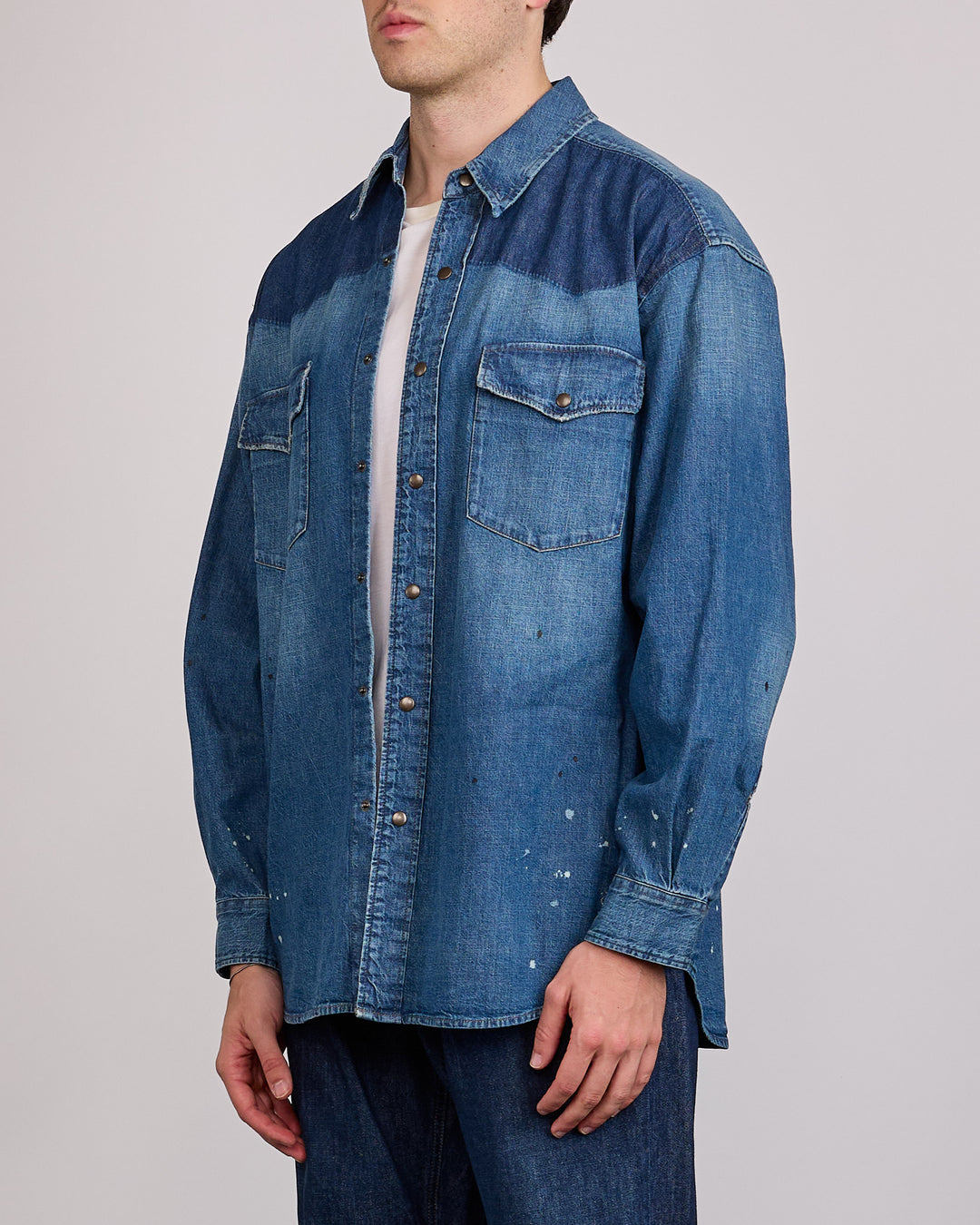 Maison Margiela Bicolour 8.5oz Japanese Denim Snap Shirt Old Blue + Spots