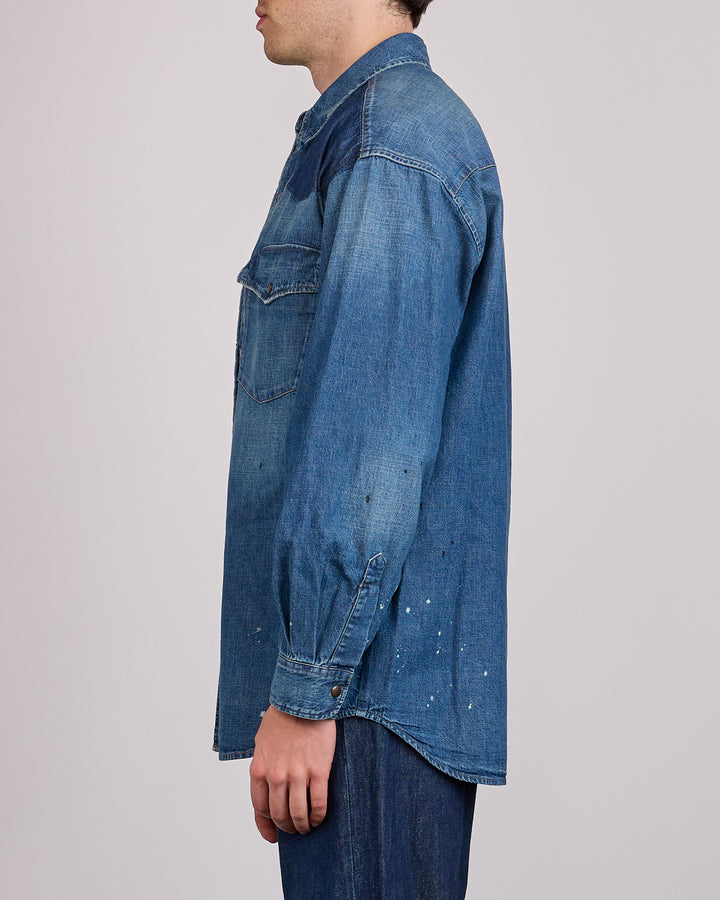 Maison Margiela Bicolour 8.5oz Japanese Denim Snap Shirt Old Blue + Spots