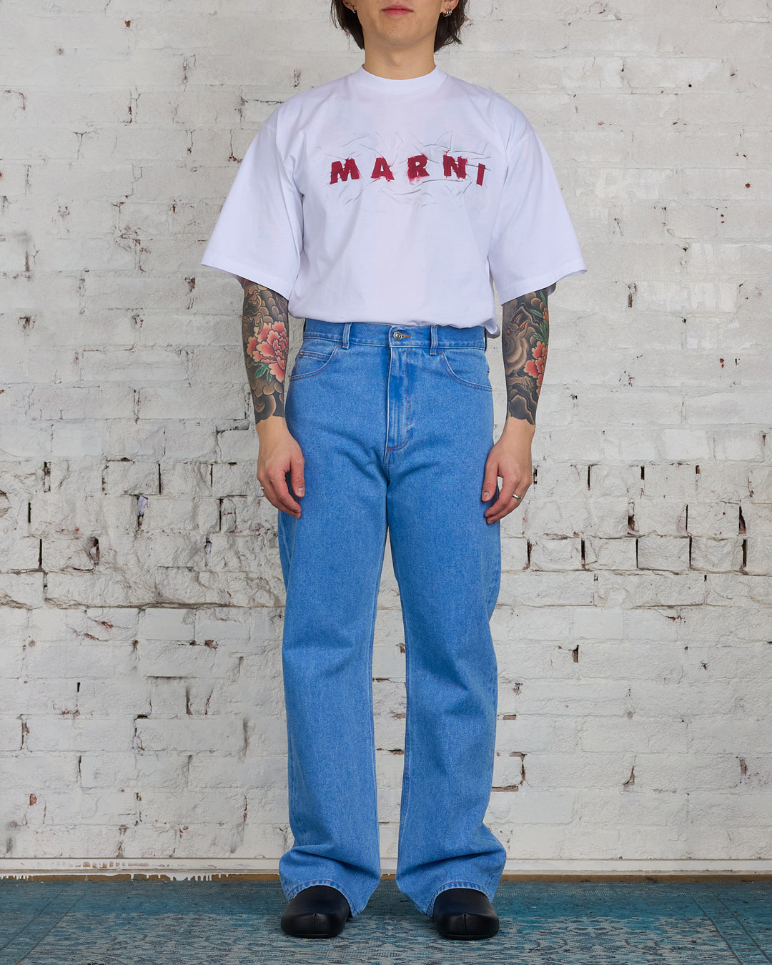 Marni Bleached Coated Denim Wide Jean Cobalt