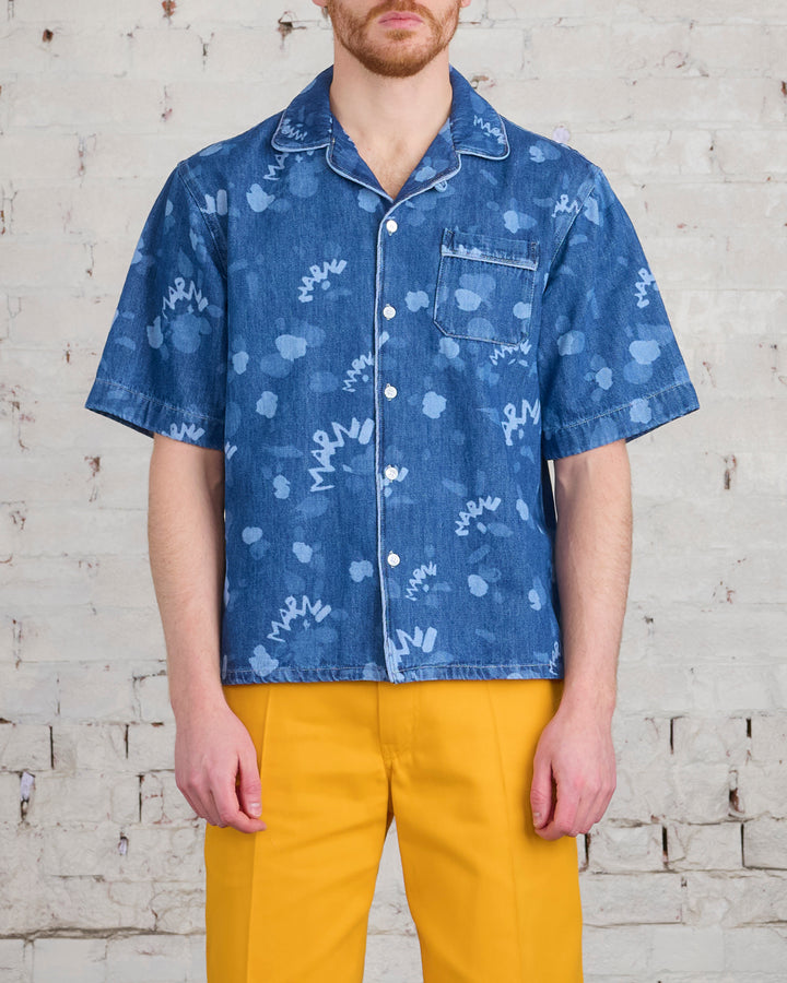 Marni Denim Bowling Short Sleeve Button Shirt Dripping Iris Blue