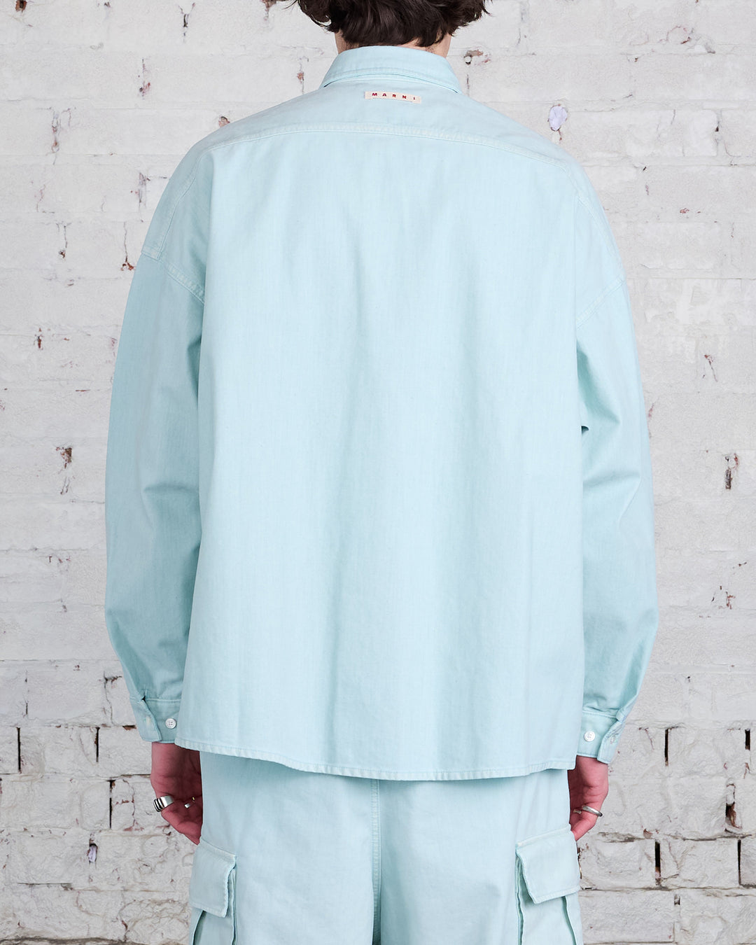 Marni Flocked Denim Long Sleeve Button Shirt Aquamarine