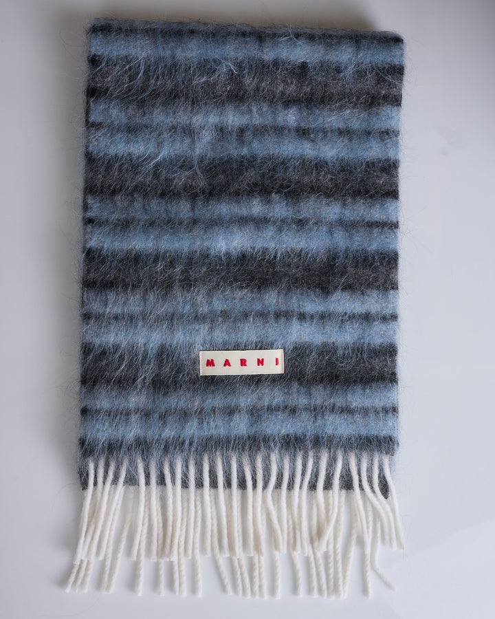 Marni Striped Wool Blend Scarf Leaden Blue