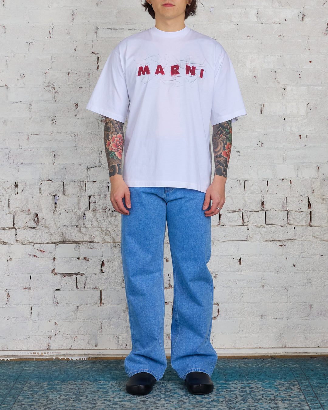 Marni Wrikled Logo Organic Cotton Logo T-Shirt Lily White