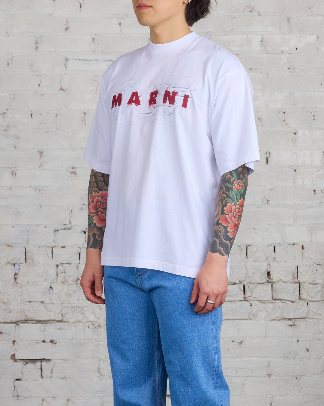 Marni Wrikled Logo Organic Cotton Logo T-Shirt Lily White