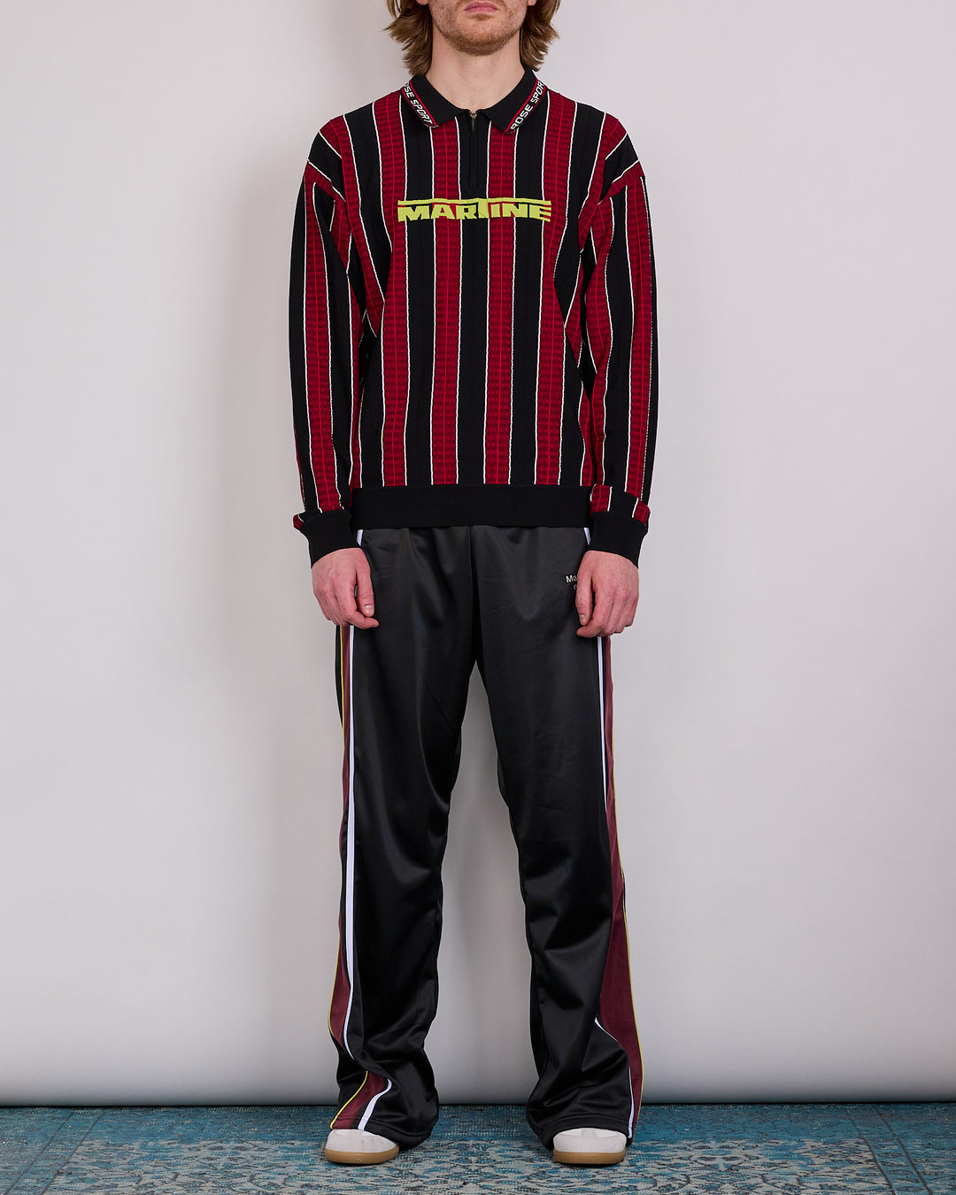 Martine Rose Logo Longsleeve Polo Shirt Red Black Stripe