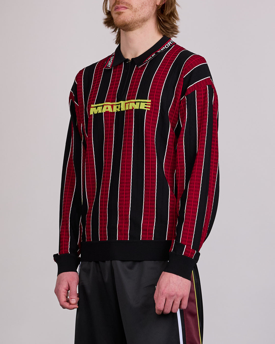 Martine Rose Logo Longsleeve Polo Shirt Red Black Stripe